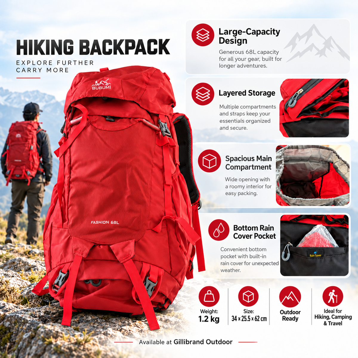 BUBUMI 68L Hiking Backpack with Rain Cover – Outdoor Travel Pack