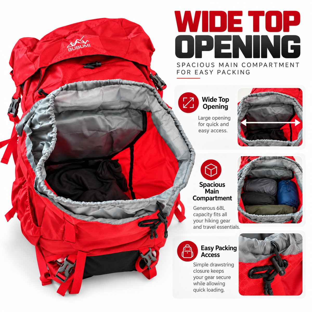 BUBUMI 68L Hiking Backpack with Rain Cover – Outdoor Travel Pack