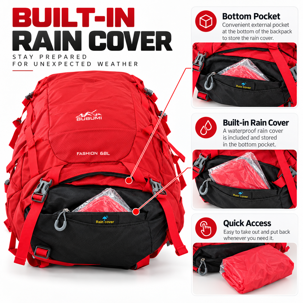 BUBUMI 68L Hiking Backpack with Rain Cover – Outdoor Travel Pack