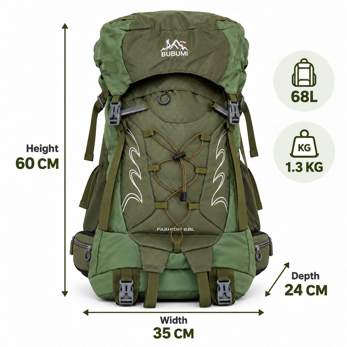 BUBUMI 68L Hiking Backpack with Rain Cover – Lightweight Camping & Travel Rucksack