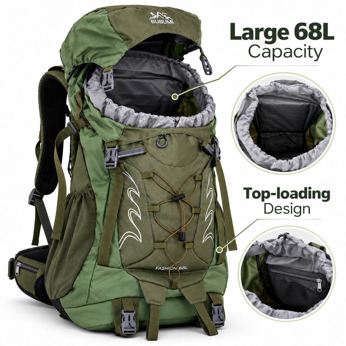 BUBUMI 68L Hiking Backpack with Rain Cover – Lightweight Camping & Travel Rucksack