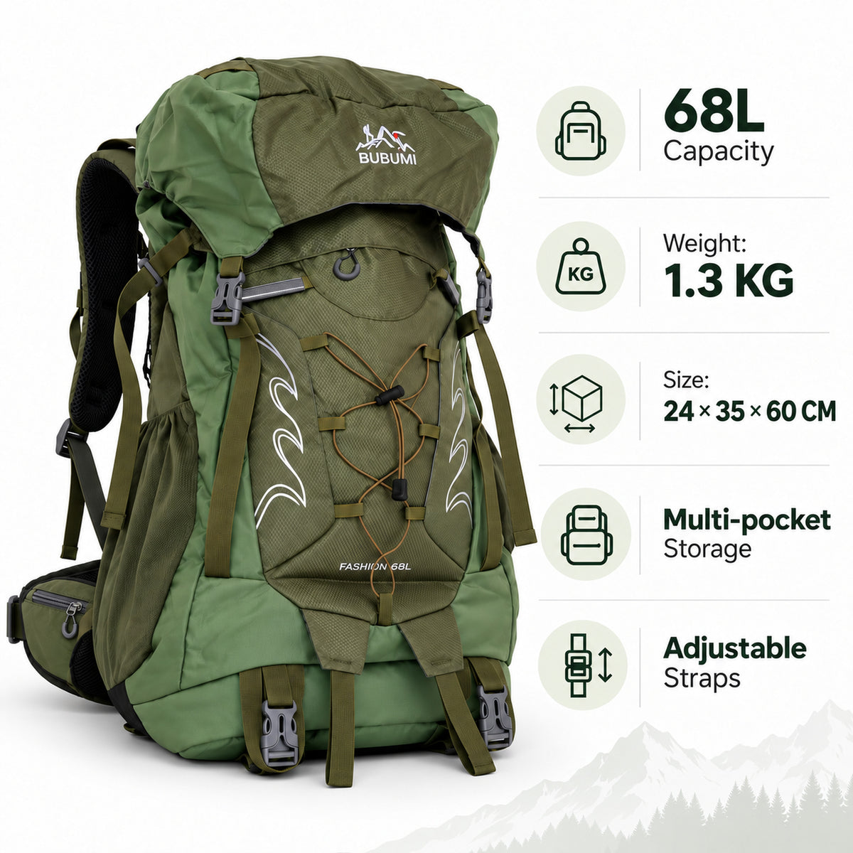 BUBUMI 68L Hiking Backpack with Rain Cover – Lightweight Camping & Travel Rucksack