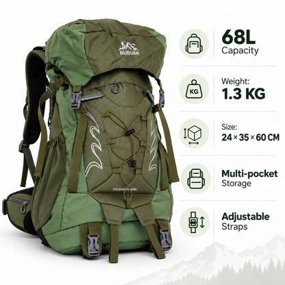 BUBUMI 68L Hiking Backpack with Rain Cover – Lightweight Camping & Travel Rucksack