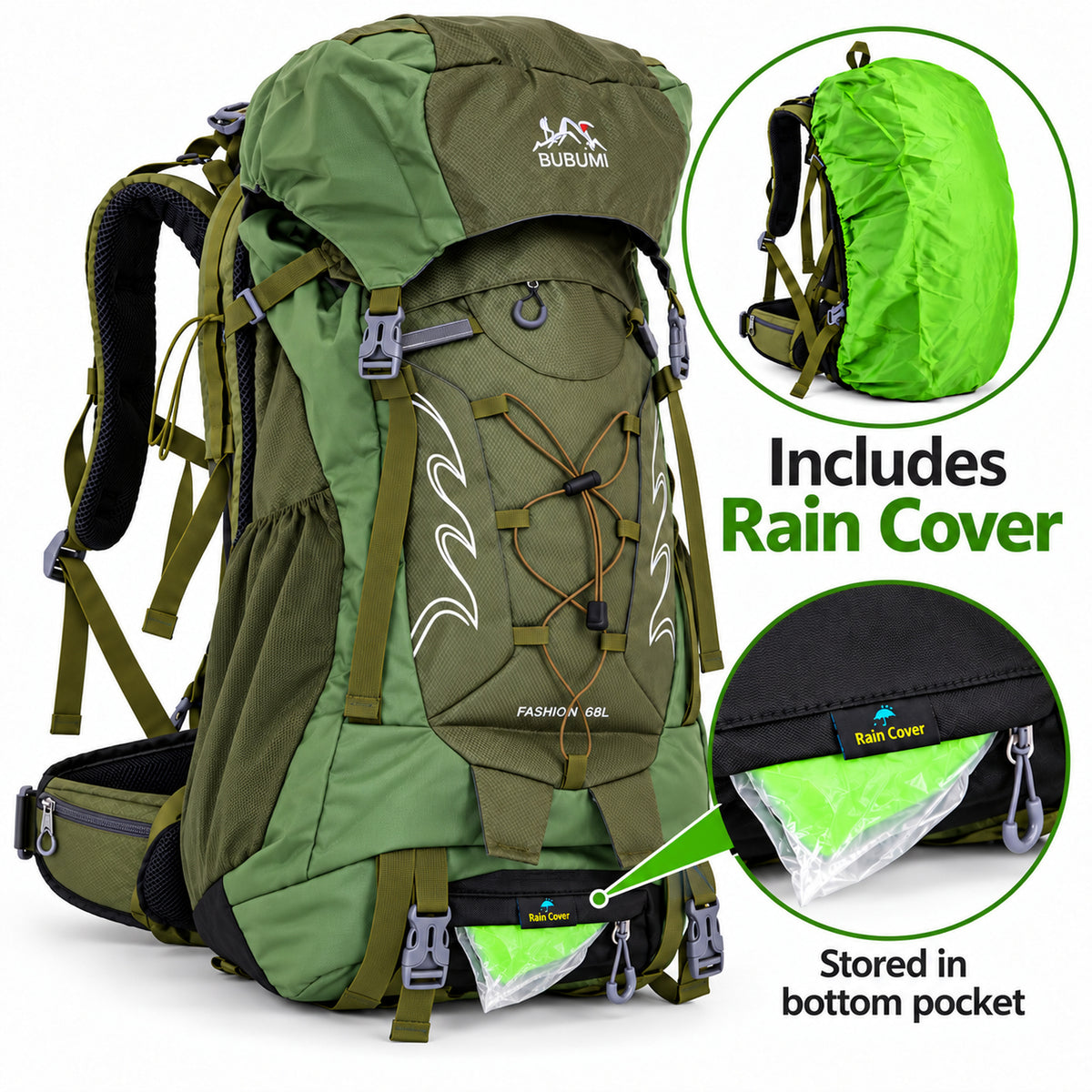 BUBUMI 68L Hiking Backpack with Rain Cover – Lightweight Camping & Travel Rucksack